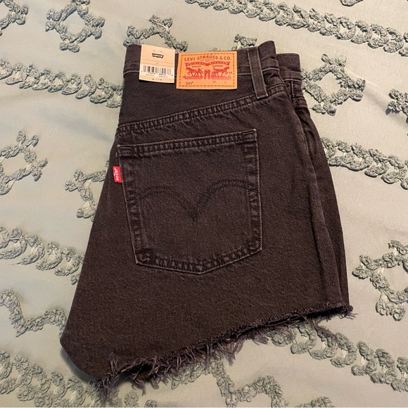 Levi's 501 Black Jean Shorts Distressed High-Waisted - Picture 2 of 5